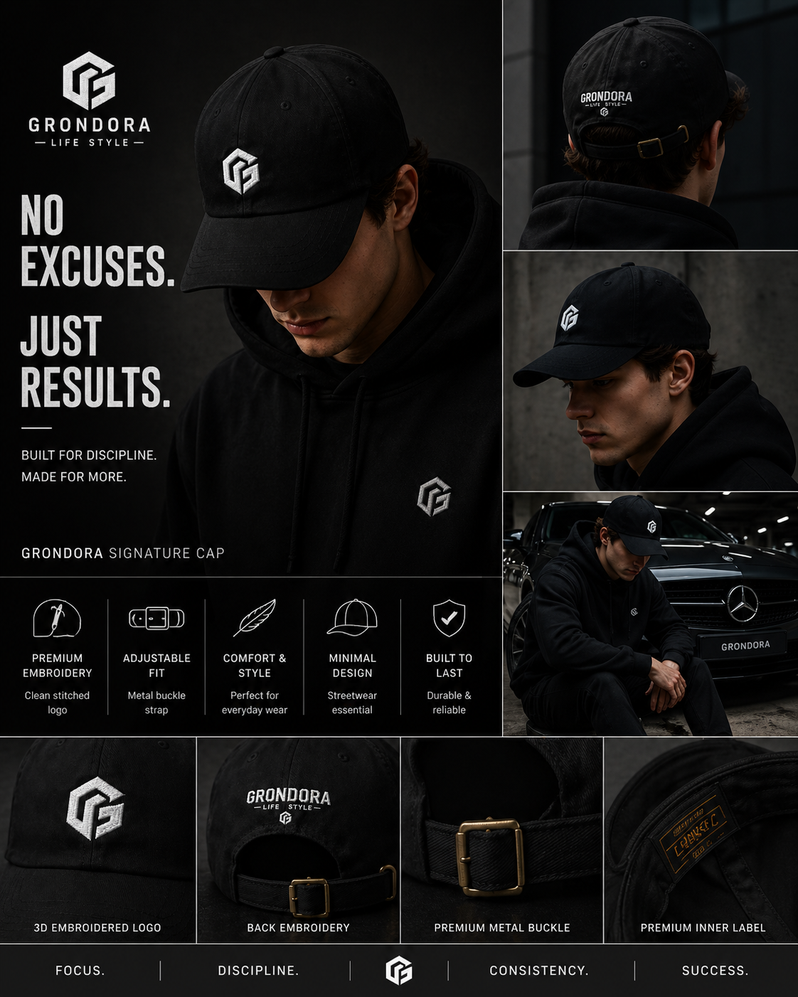 GRONDORA Signature Black Cap – Premium Embroidered Streetwear Hat